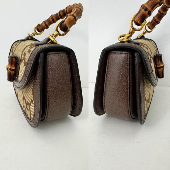 GUCCI 1947 Monogram Jumbo GG Textured Mini Bag Bamboo Top Handle in Camel Auth. - Picture 7 of 16
